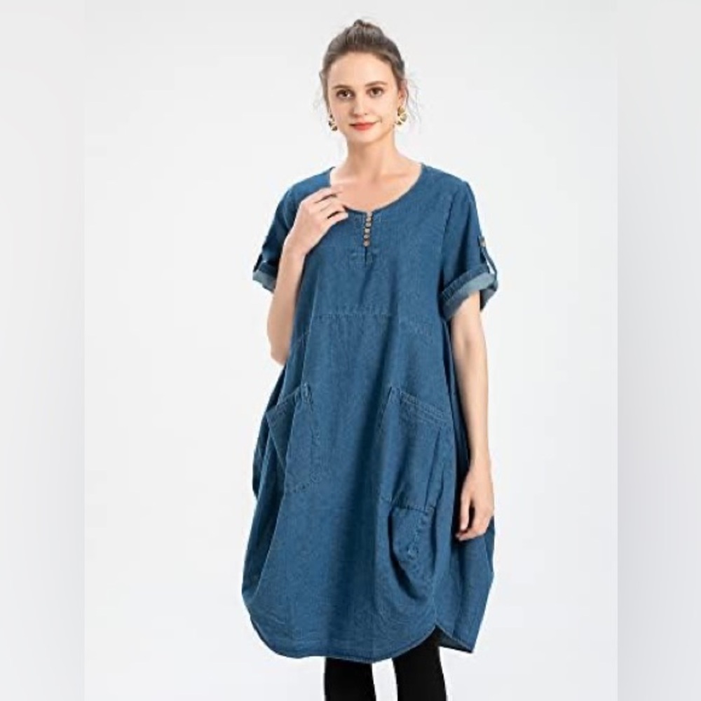 Minibee Women's Ruffle Oversize Casual Midi Deniim Dress with Pockets